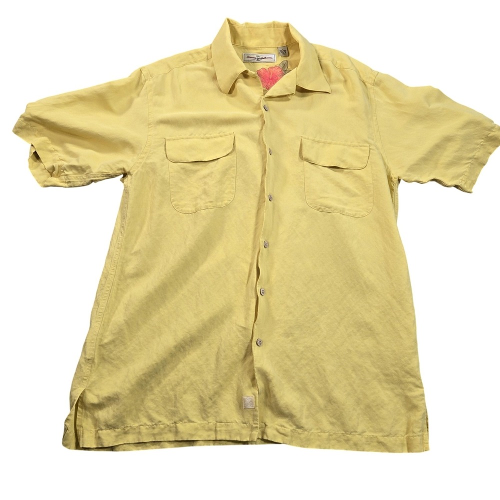 Tommy Bahama Shirt Mens Large Yellow Linen Silk Short Sleeve Button Front Camp
